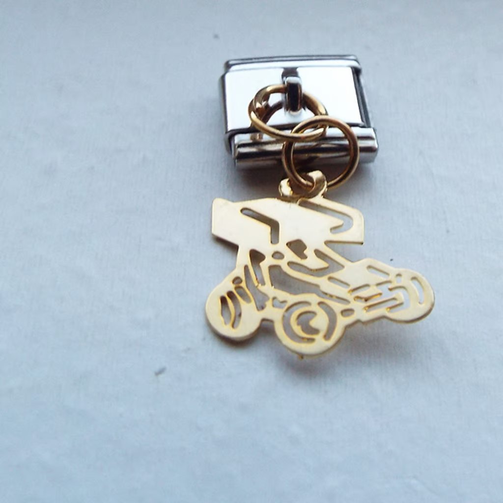 Gold Metal Go Cart Dangle 9mm Stainless Steel Italian Charm Bracelet Link New
